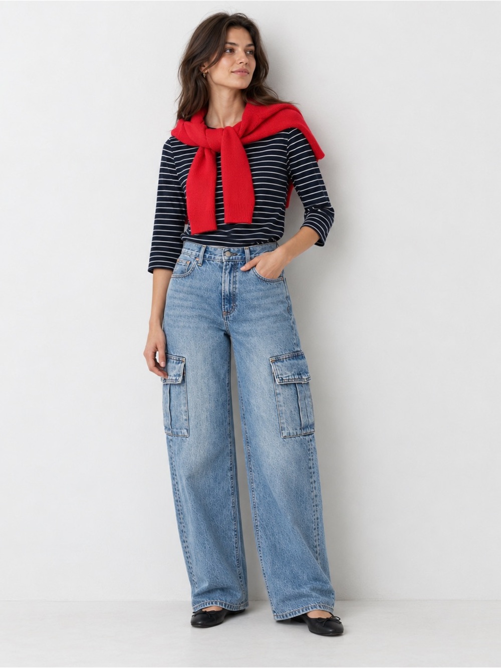 Denim Forum Light Blue Wide-Leg Cargo Jeans